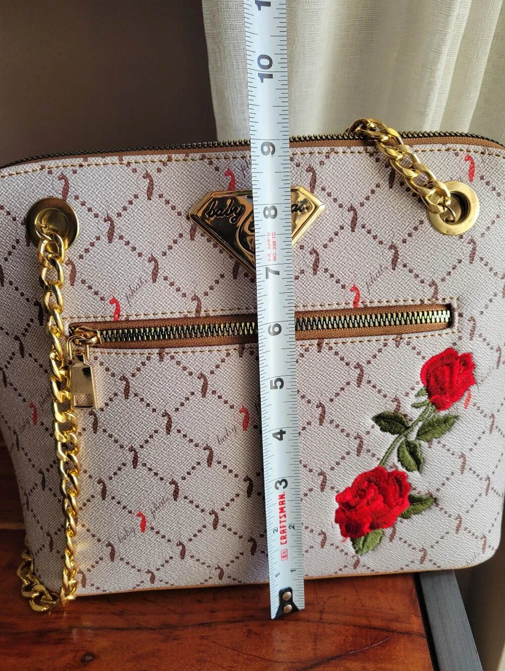 Baby Phat Shoulder Bag Embroidered Flowers Gold Chain Tan Logo - Picture 12 of 12